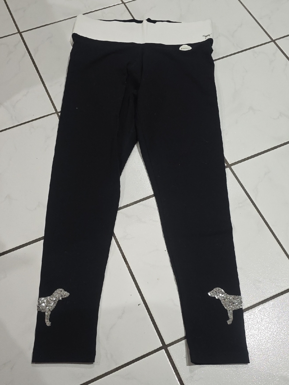 Victoria's Secret Black Leggings with White Waistband and Silver Dog Accents